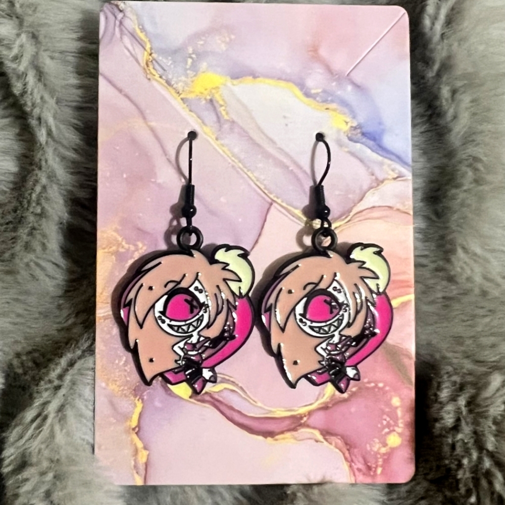 Hazbin Hotel Earrings Handmade Hypoallergenic Heart‎ Shape Dangle (Cherry Bomb)